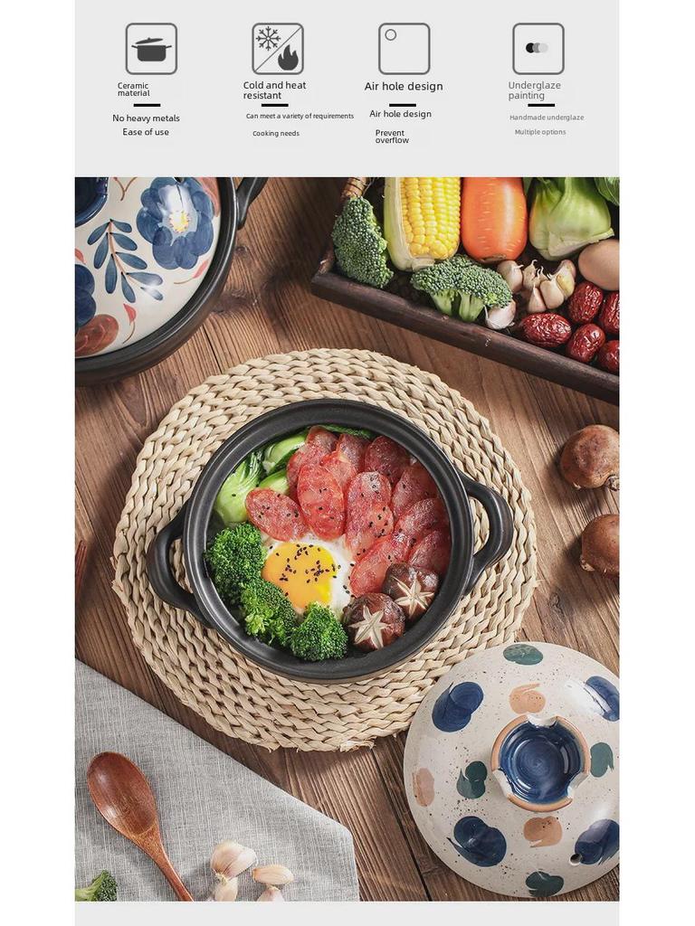 Японская кастрюля для тушения, расписанная вручную, устойчивая к высоким температурам - керамическая кастрюля с крышкой