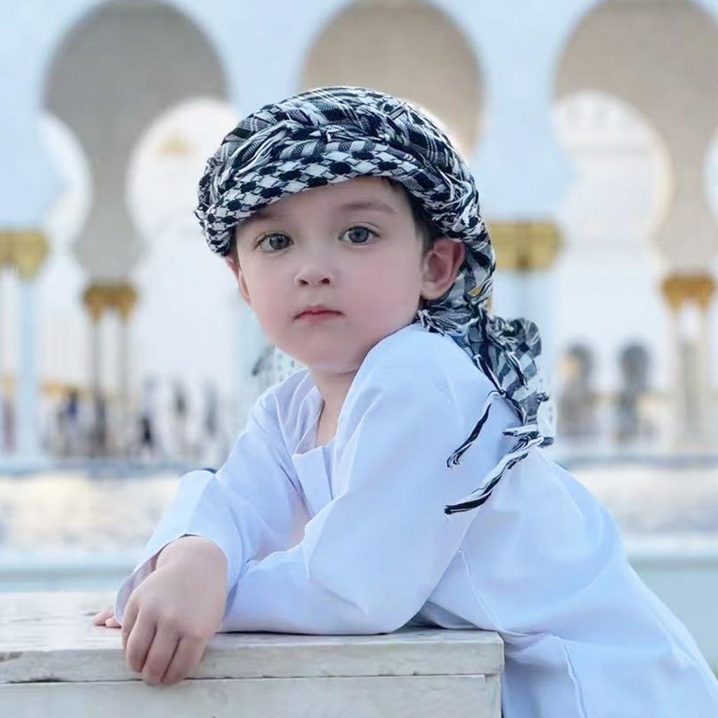 Soft Polyester Checkered Shemagh Scarf With Fringe Trim For Kids Various Outfit Arabic Shoulder Wrap For Boy Daily Wear