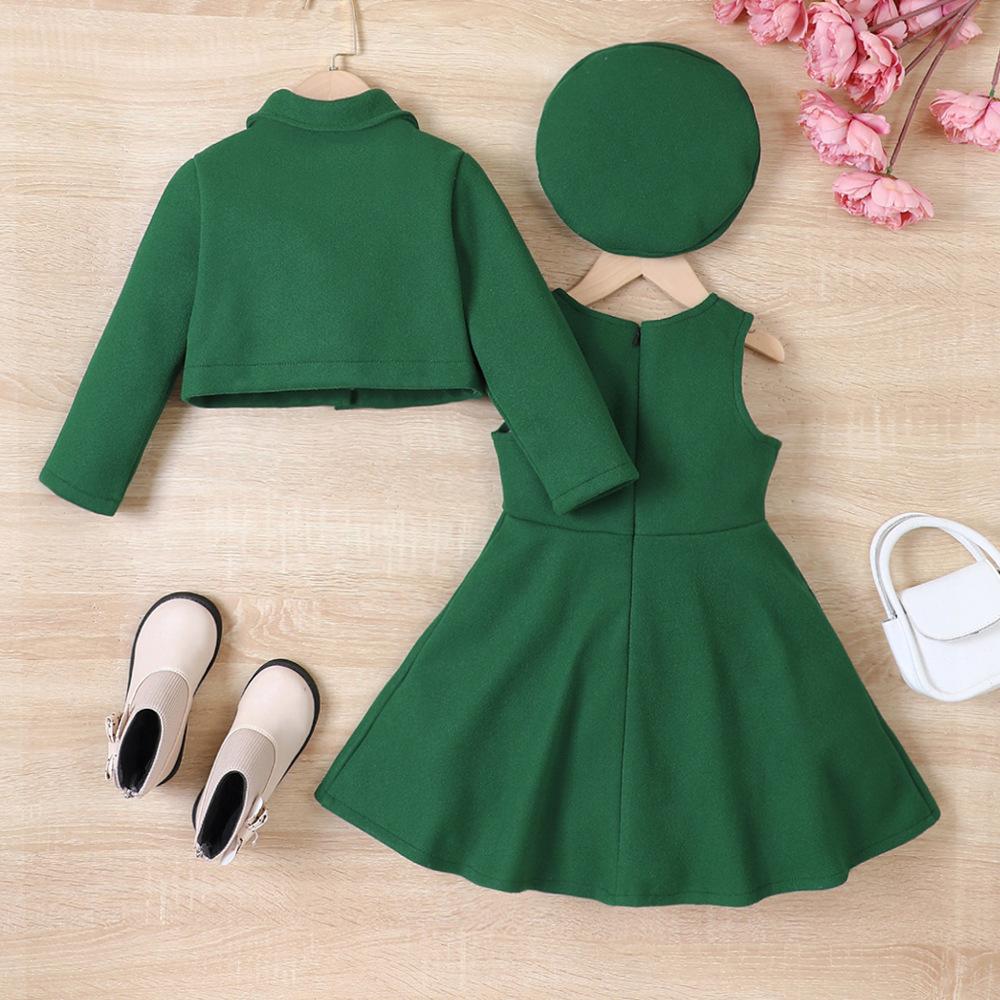 3 предмета детской повседневной одежды, комплекты одежды для девочек 2024 года, осень-зима, новое пальто из твида для малышей, платье-майка, шляпа, мода для детей