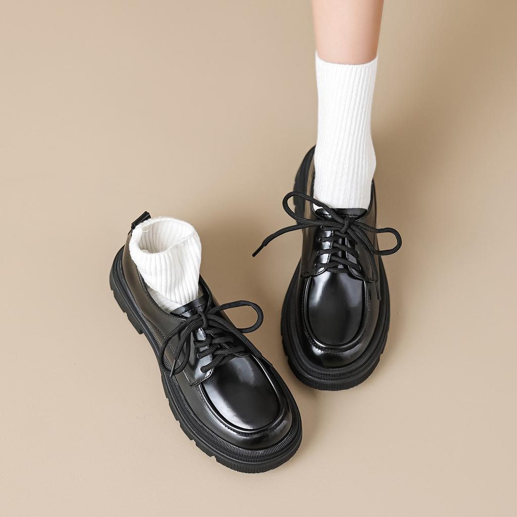 Туфли на платформе женские на шнуровке черные ретро маленькие кожаные туфли на мягкой подошве одинарные туфли женские