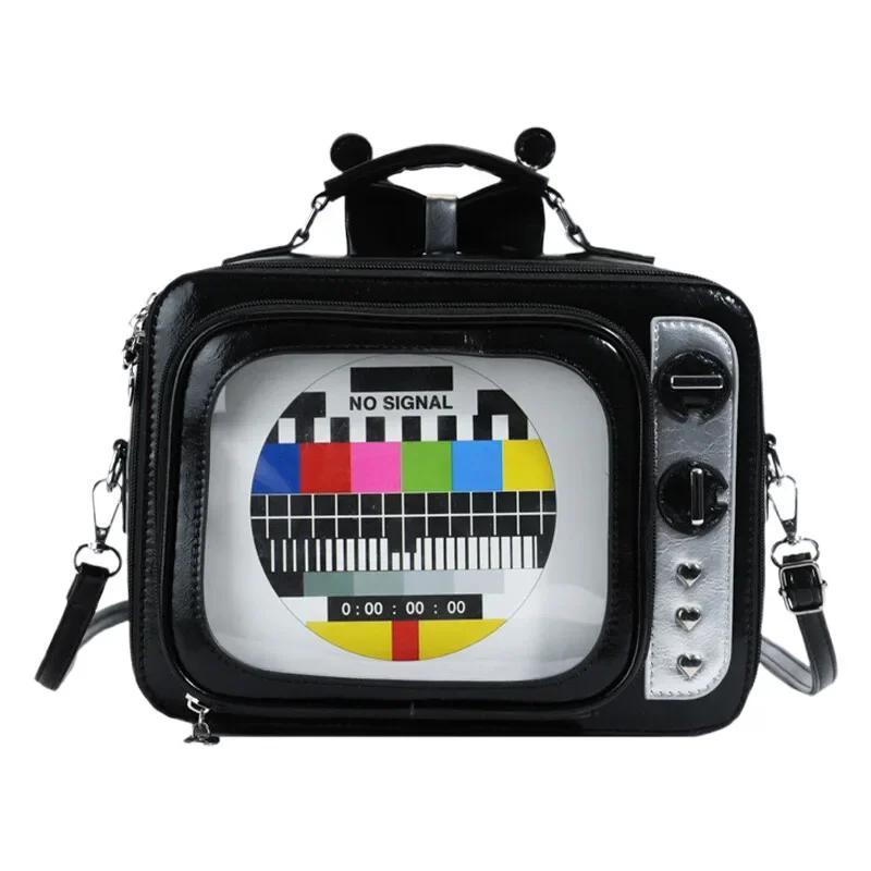 Large TV Shape Ita Bag Retro Style Women's Shoulder Backpack Leather Handbag Cartoon Square Design Personalized Square Bag