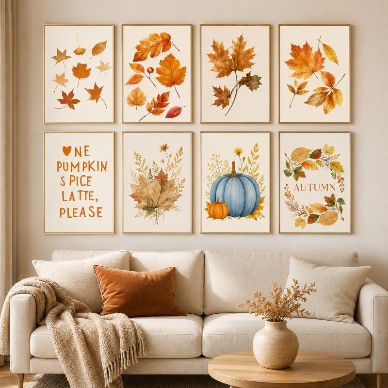 Watercolor Fall Maple Leaf Canvas Gallery Wall Prints Blue Pumpkin Pumpkin Spice Typography Wall Art Farmhouse Home Decor Gift
