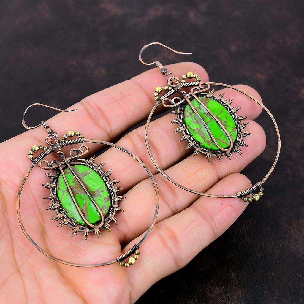 Медные зеленые бирюзовые серьги Медная проволока, обернутая ювелирными изделиями, драгоценный камень, серьги ручной работы, ювелирные изделия с камнем, подарок на годовщину, серьги из медной проволоки