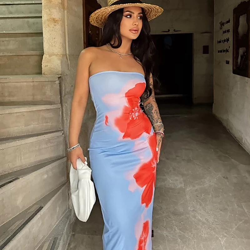 European & American Style Sexy Slim Fit Strapless Printed Long Dress with Side Slit for Women