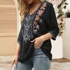 Women Blouse Traditional Mexican Women Embroidered Tops Loose Fit Bohemian Floral 3/4 Sleeve Shirt Daily Wear