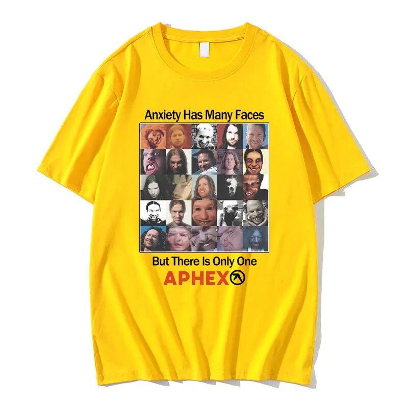 Британская электронная музыка Aphex Twin Anxiety имеет много лиц, но есть только одна футболка с рисунком APHEX, женская винтажная футболка унисекс