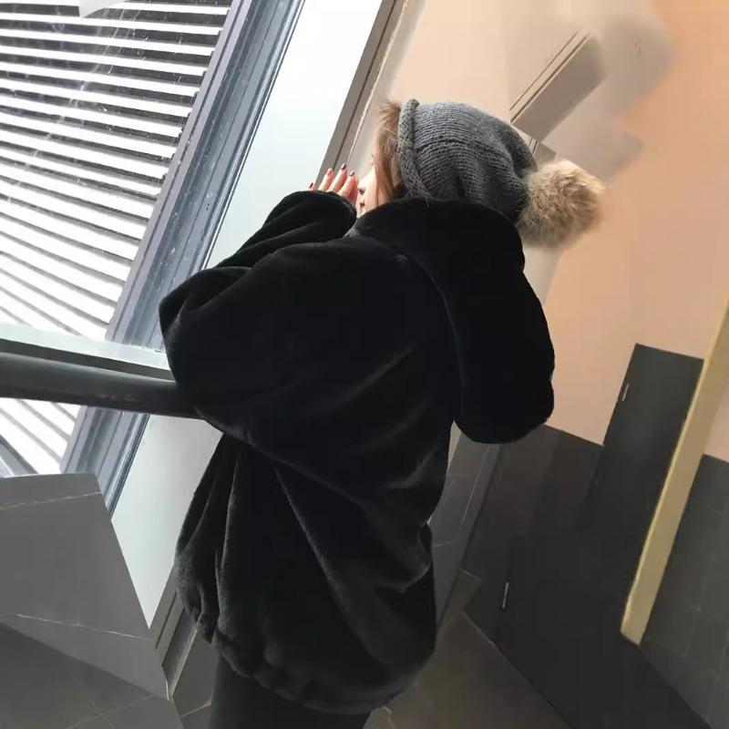 Осень и зима новая модная куртка из искусственного меха кролика рекс женская утолщенная плюшевая с капюшоном короткое пальто большого размера топ