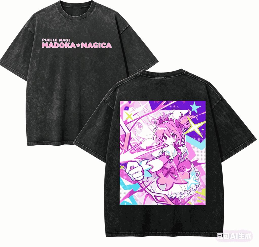 Puella Magi Madoka Magica Стиранная футболка Одежда на весь год Высокое качество Индивидуальность Одежда Большой размер Унисекс Новая модель Стиранный Винтаж Свободный