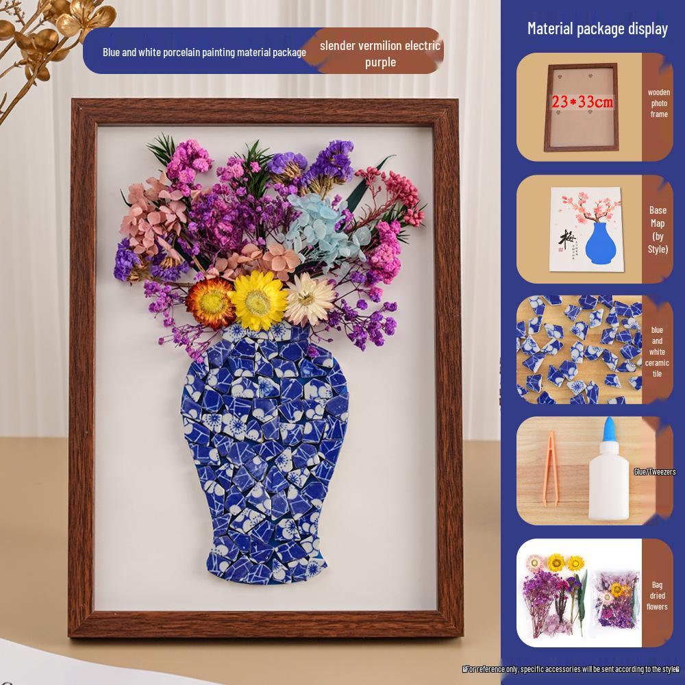 Handmade Blue & White Ceramic Photo Frame DIY Kit with Preserved Dried Flowers - Perfect for Mother's Day or Salon Events