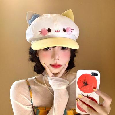 Берет в японском стиле с кошачьими ушками Мультяшный берет с ушками котенка Кавайная восьмиугольная шляпа Женская