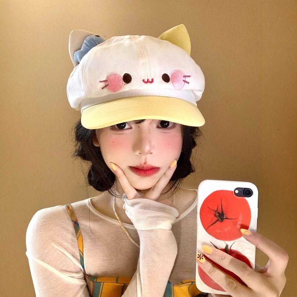 Japanese Style Cat Ears Beret Big Head Cartoon Beret Fashion Octagonal Hat Female Wear