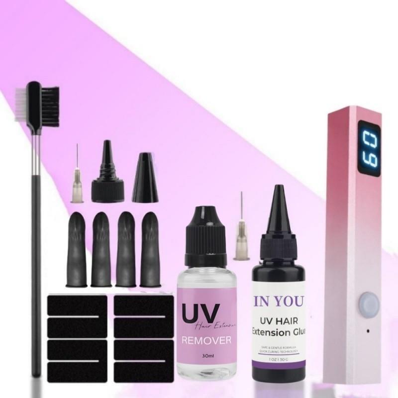 UV Hair Extension Kit: 30g Fast-Curing Waterproof Glue + 30ml Remover, UV Lamp & Eye Shields, Heat-Resistant for Salon & Home Use