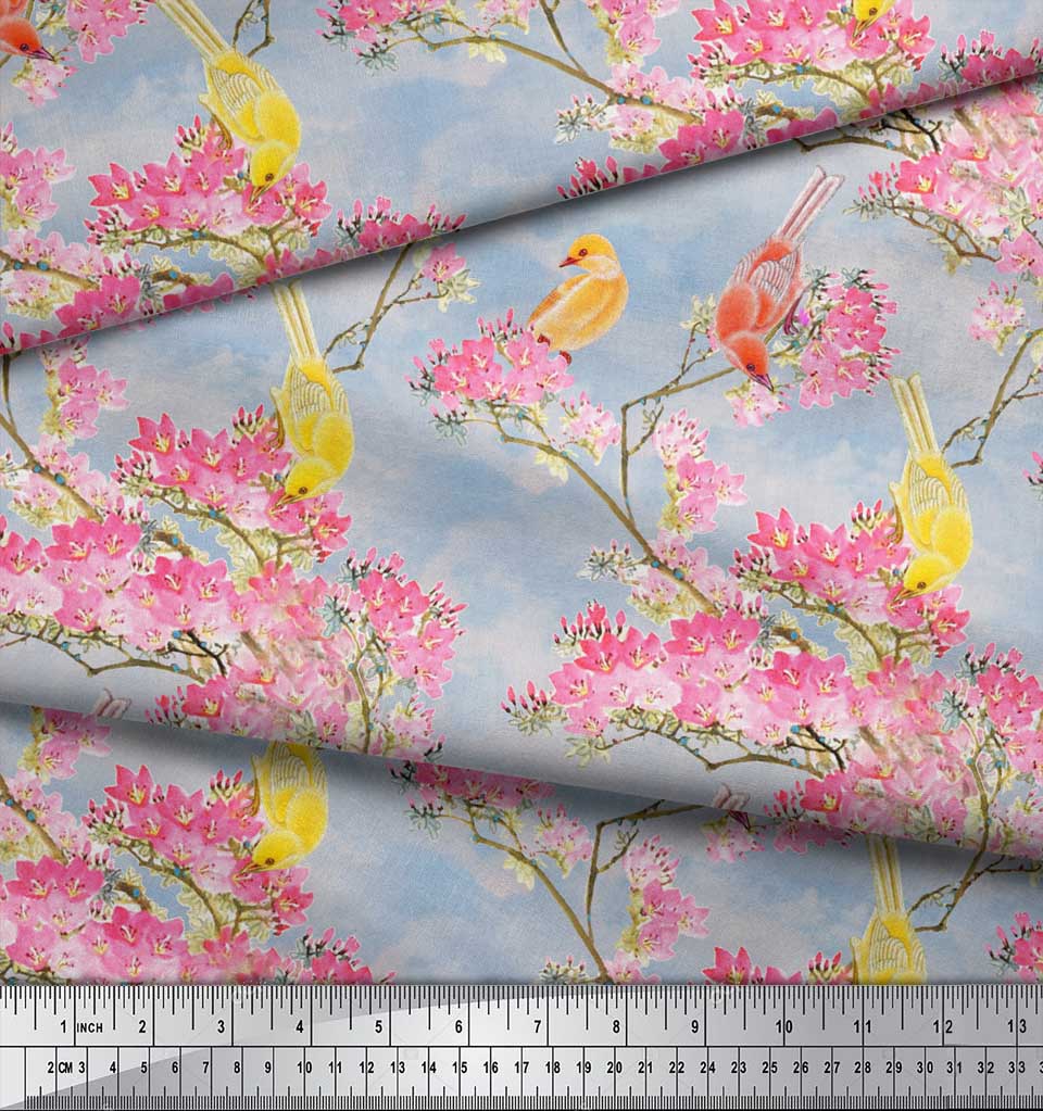 Soimoi Серая полиэфирная креповая ткань с принтом «Цветы и голуби и птицы» шириной 42 дюйма по метрам