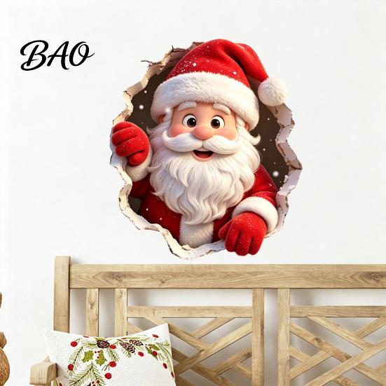 Holiday Wall Stickers for Cabinets 3D Christmas Santa Claus Stickers, Self Adhesive PVC Decals with Realistic Breaking Festive Murals Bedroom Effect,