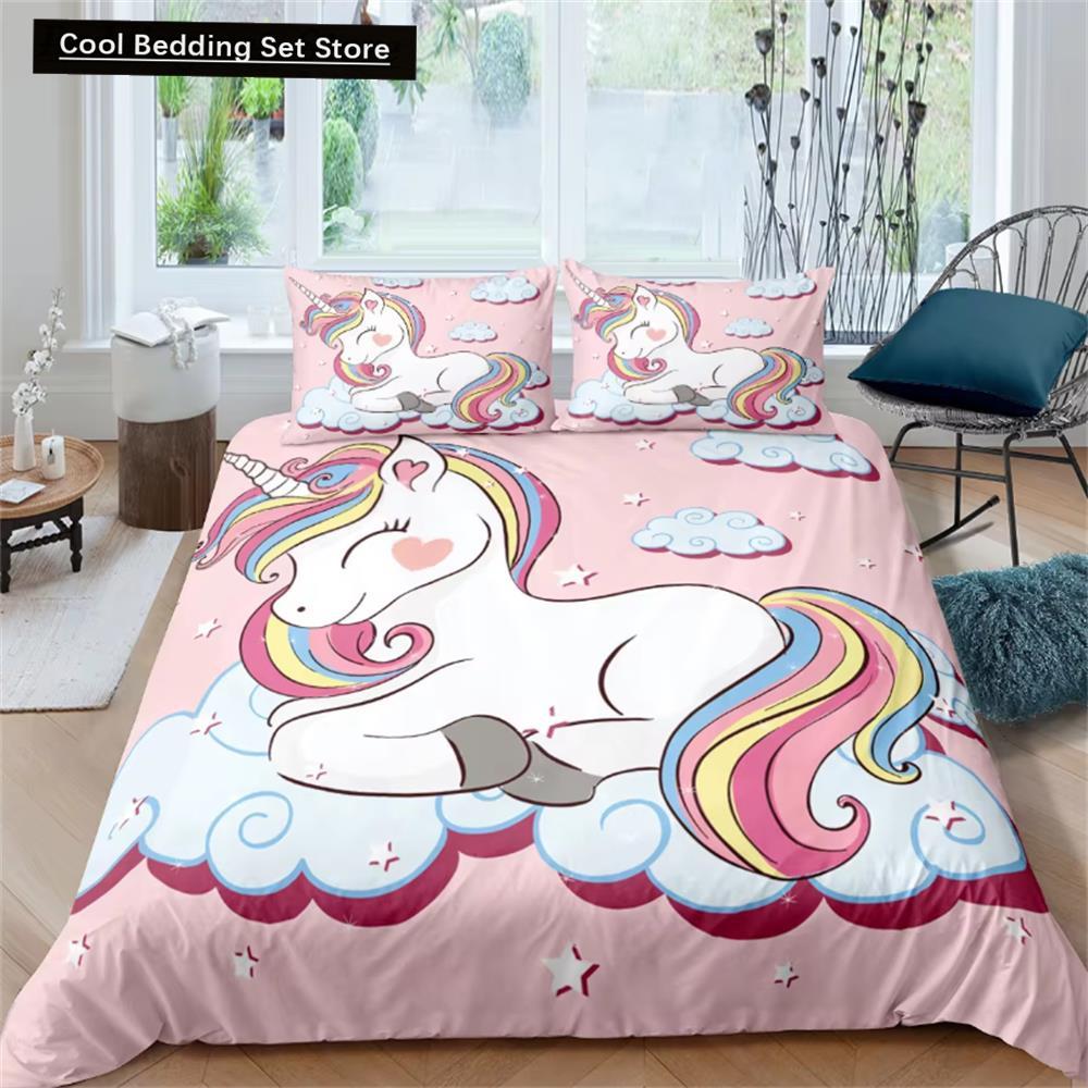 Детские комплекты постельного белья, подарки, комплекты пододеяльников с принтом единорога и красочной лошади для детей, девочек и мальчиков, 2/3 шт., розовые одеяла
