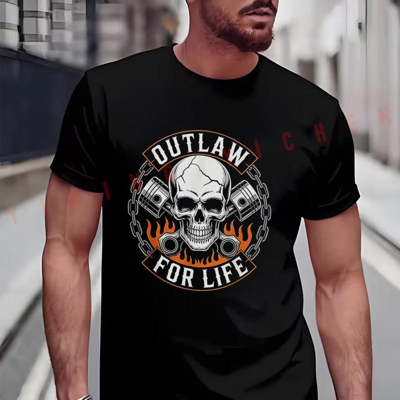 Summer Skull and Pistons Design Motorcycle T-Shirt Riders Men's and Women's Fashion Casual High Quality Round Neck Tshirt Tee