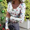 Women's Winter Slim-Fit Base Layer T-Shirt Fashionable Christmas Print V-Neck Pullover Long-Sleeved Top