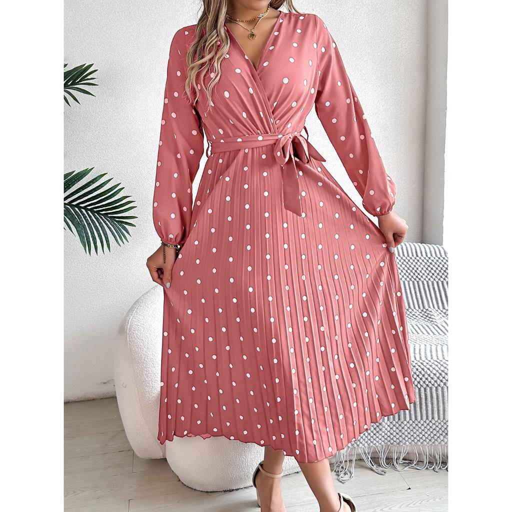 GMXIA Autumn and Winter Elegant Contrasting Polka Dot Cross V-neck Pleated Long Dress Women's Wear