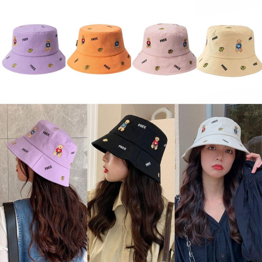 Little Bear Fisherman Hat Bear Print Sunshade Bucket Hat Leisure Flat Top Cap Men
