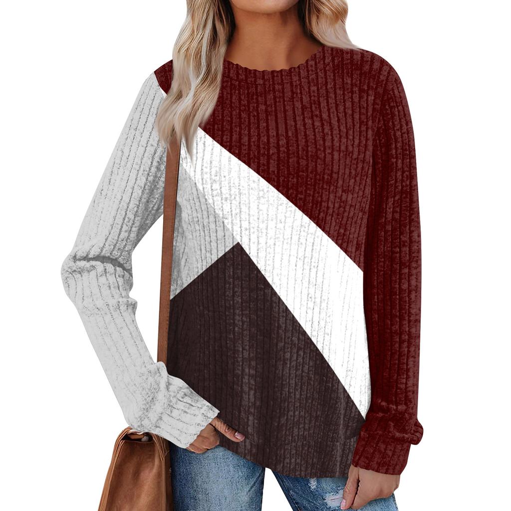 Women's Winter Color-Block Printed Lightweight Brushed-Cotton Round Neck Top