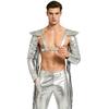 M-3XL Men Metallic Shiny Fringed Arm Sleeves Long Sleeve with Tassels Structured Epaulet Adjustable Chest Harness Club Party Crop Top