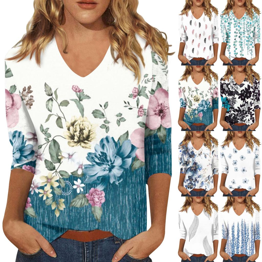 Women’s Fashion Everyday Everything Casual V-neck Seven-point Sleeve Printed T-shirt Top Tops for Women Womens Tops and Blouses