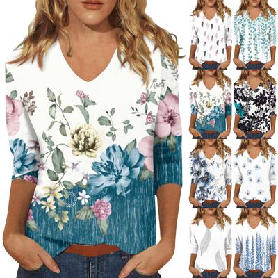 Женская мода на каждый день Повседневная футболка с v-образным вырезом и семиточечным рукавом с принтом Топ