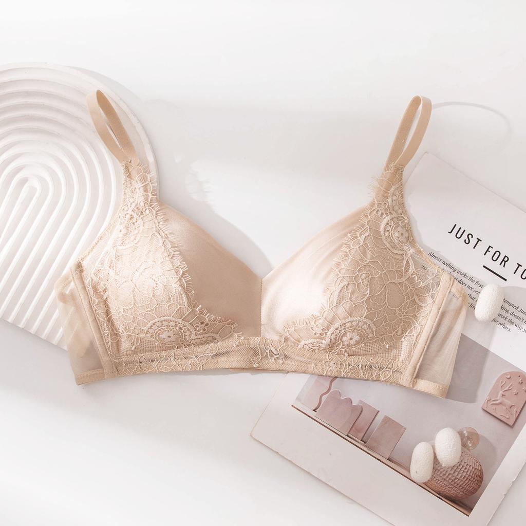 Satin triangle cup, Shisang silk lace gathered comfortable bra