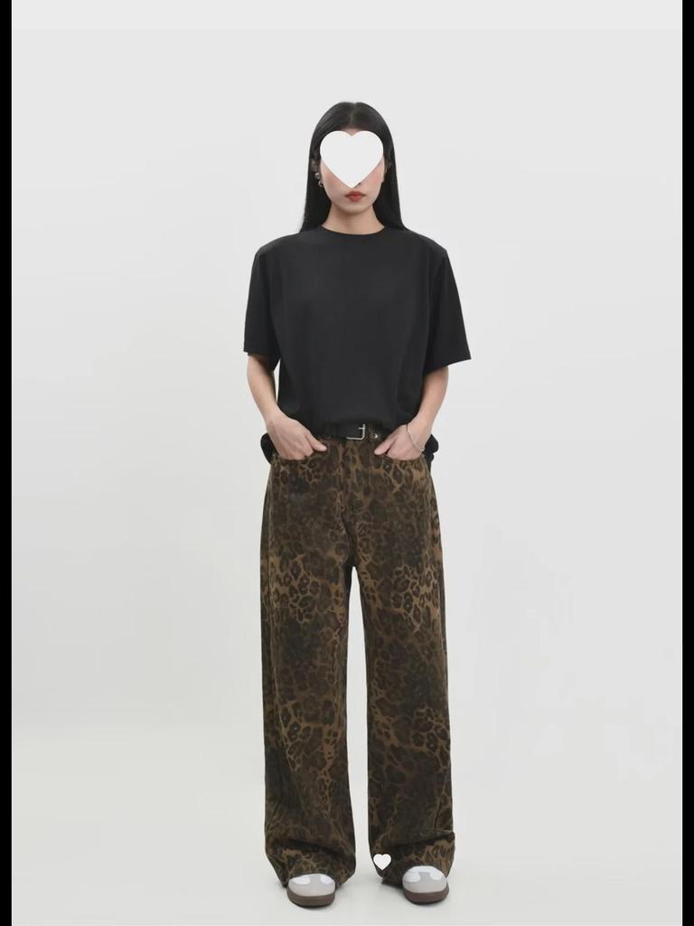 2023 Новые американские джинсы прямого покроя с леопардовым принтом в стиле ретро для мужчин и женщин - модные повседневные брюки осень/зима