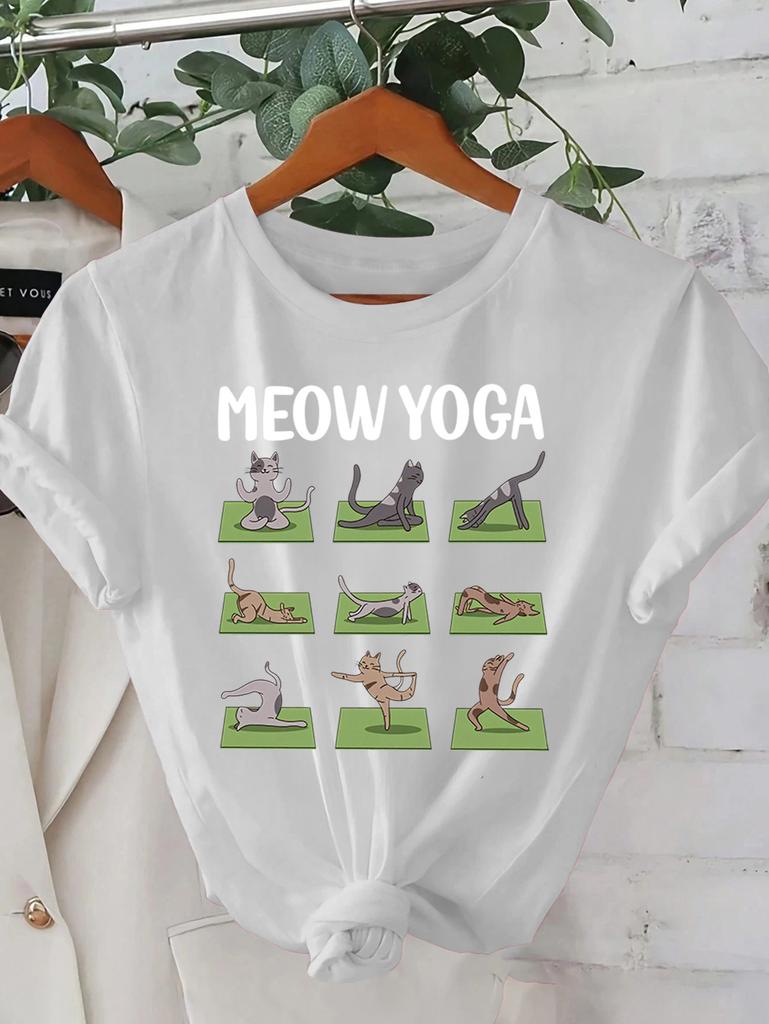 Creative Cat Yoga Pattern Printed Summer WoUnisexs Tshirt Top Short Sleeve Round Neck Funny Summer Fashion Streetwear Clothing
