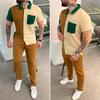2023 Spring & Fall Colorblock Men's Casual Short-Sleeve Shirt and Trousers Sports Set.