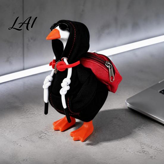 Easy to Wear Statue Clothes 7 Inch Desk Goose Outfits Red Hoodie Sunglasses Necklace Backpack Headset Clothing for Mini Desktop Clothes Accessories