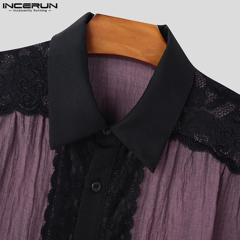 INCERUN Men Lapel Neck Long Sleeve Lace Hem Ruffled Casual See Through Shirts Tops