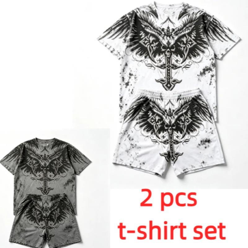 Summer Y2K Vintage Cross Skull Wings Graphic Printed Round Neck Short Sleeved T-Shirt And Shorts Set Men's and Women's T-shirt Shorts Set