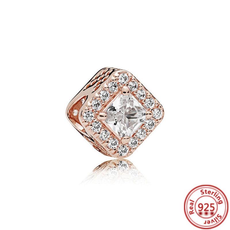 Hot Sale Rose Gold Series Pink Zircon Leaves Heart Pendant Sparkling Clip Bead Fit Charm Bracelet DIY S925 Silver Jewelry