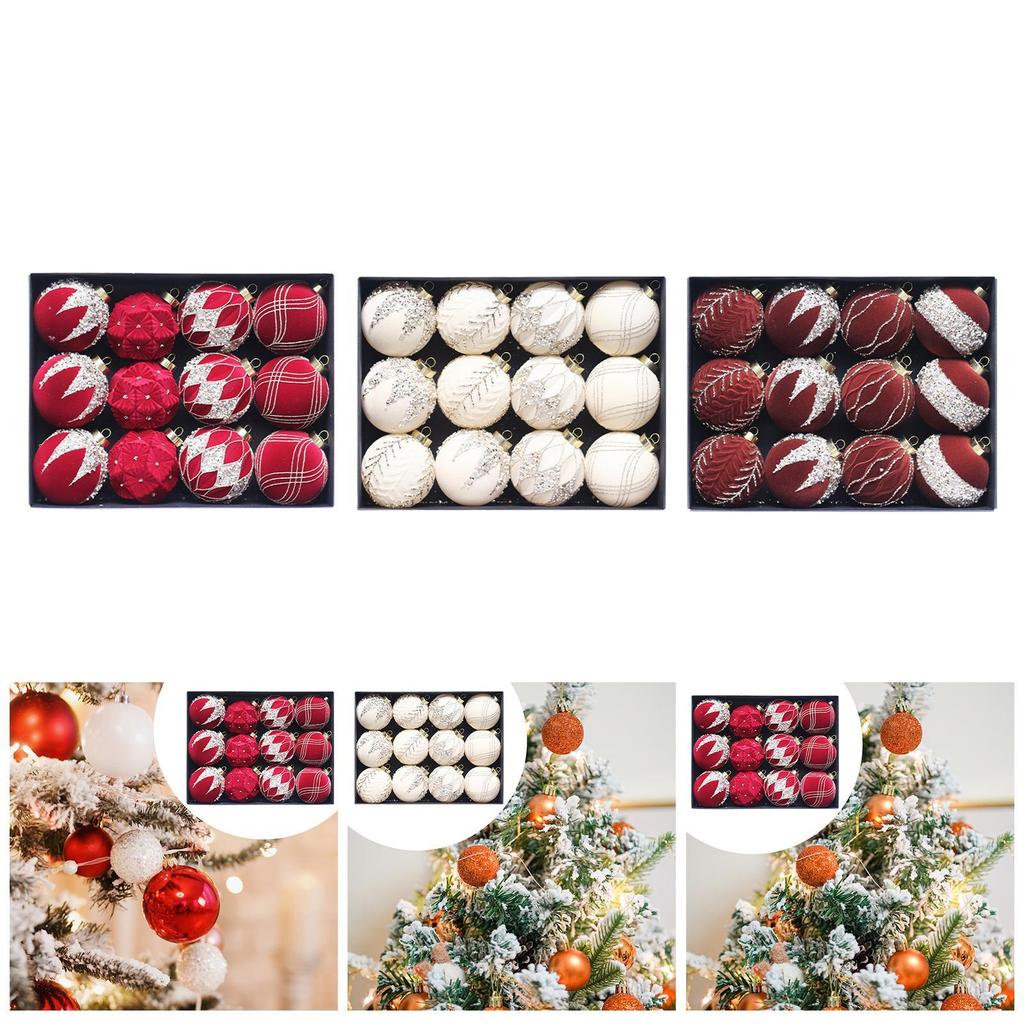 12 Pieces Velvet Christmas Balls Elegant Hanging Baubles Decorative Flocked Xmas Decoration for Party Xmas Tree Holiday Home