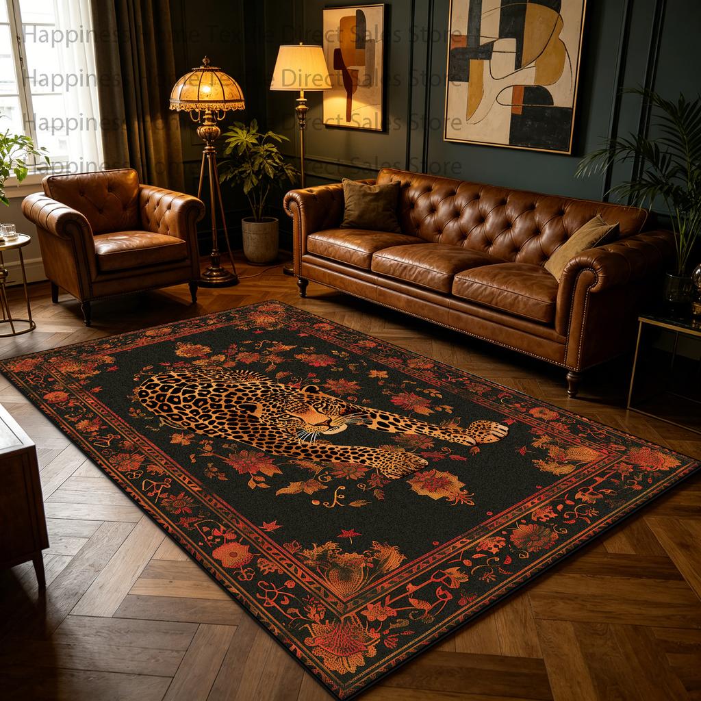 Red Retro Leopard Print Living Room Luxury Carpet Decoration Bedroom Antiskid Washable Oriental Rug Soft Fluffy Office Table Mat