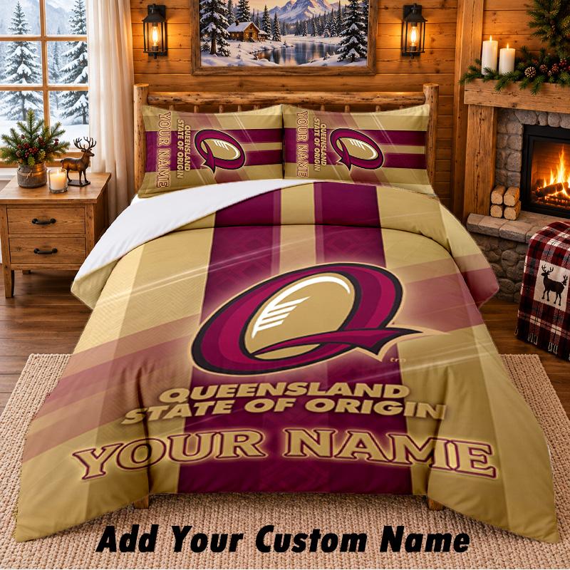 Queensland Maroons Pattern Bedding 3Pcs Set Custom Name, Bed Sheet And Pillowcases For Home Bedroom