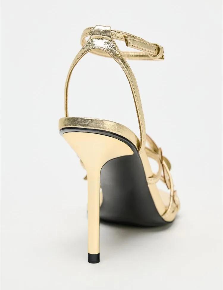 Elegant Gold Heeled Sandals for Women Fashion Leaf Decoration Ankle Strap High Heels Luxury Wedding Bridal Dinner Shoes