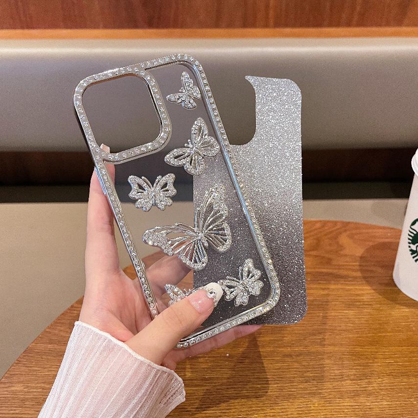 Чехол с блестками, градиентом и стразами в виде бабочки для Apple iPhone 17 Air, Совместим с линзой iPhone 15/16 Pro Max