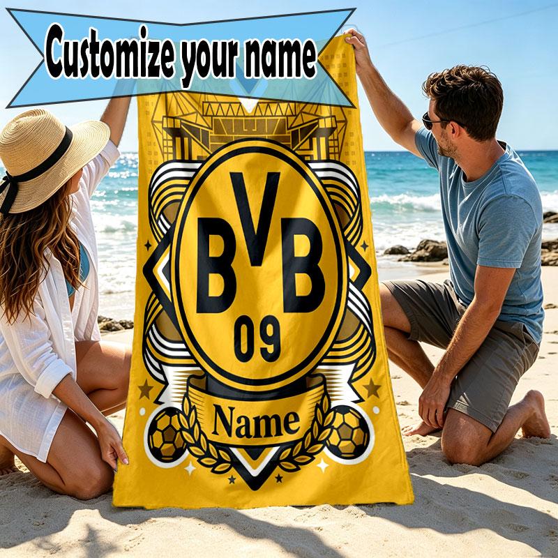 Custom Name Personalized Borussia Dortmund Bvb Print Beach Towel, for Trip Camping Beach Party Home Decor, Birthday Gift for Family & Friends