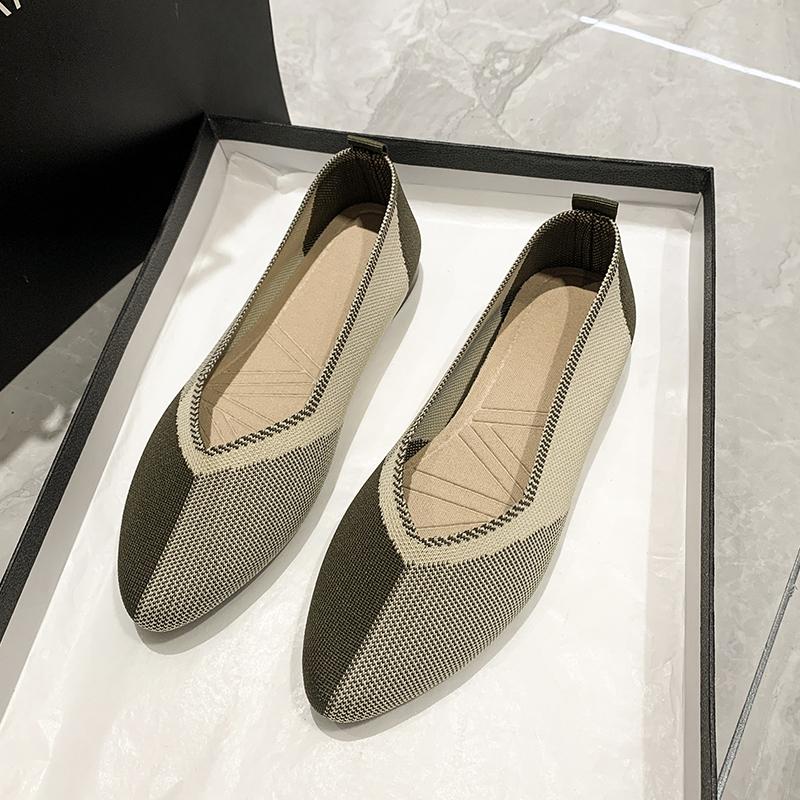 Женские балетки 2024 Весна и Осень Новые Остроносые Вязаные Женские Туфли Модные Дышащие Нескользящие Красивые Цветовые Сочетания
