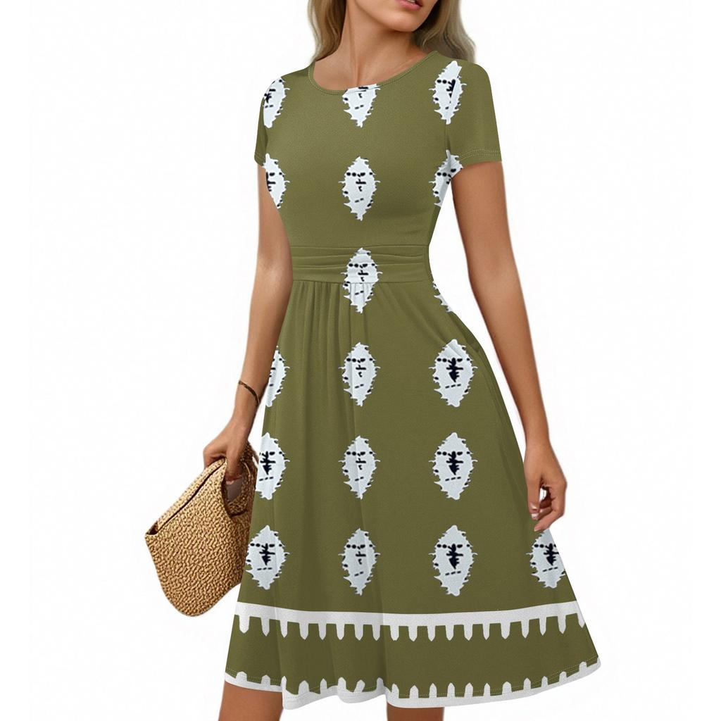 Женское повседневное модное платье миди А-силуэта с круглым вырезом, плиссированными короткими рукавами и богемным стилем