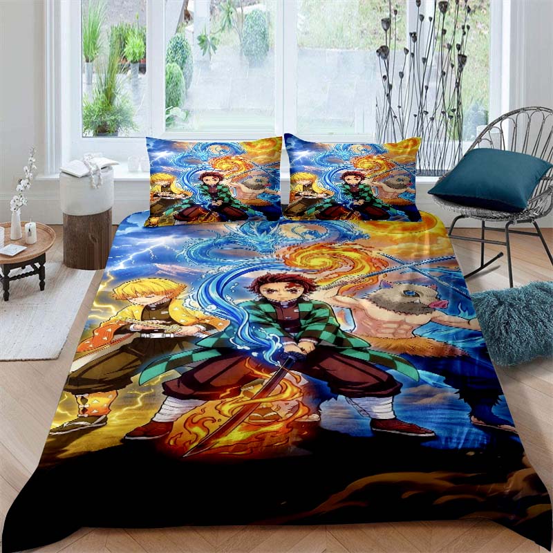 This Three-piece Anime Print (Kimetsu No Yaiba) Bedding Set—including A Duvet Cover and Two Pillowcases—is The Perfect Holiday