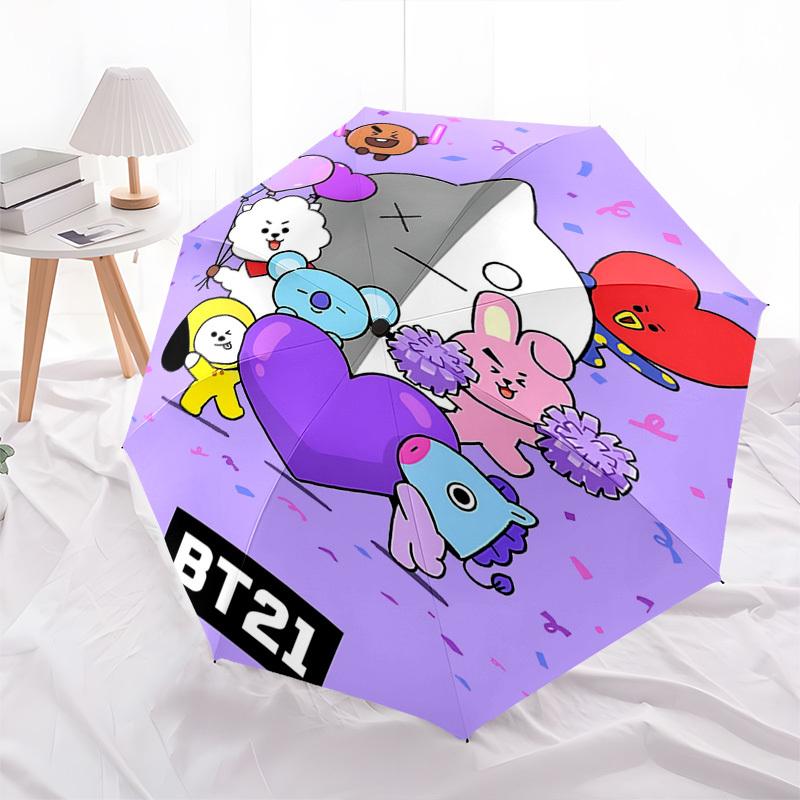 BT21, Мультяшный автоматический складной зонт, Компактная конструкция с 8 ребрами, Уникальный стиль, Подходит для повседневного использования на улице, Идеальный подарок для друзей а
