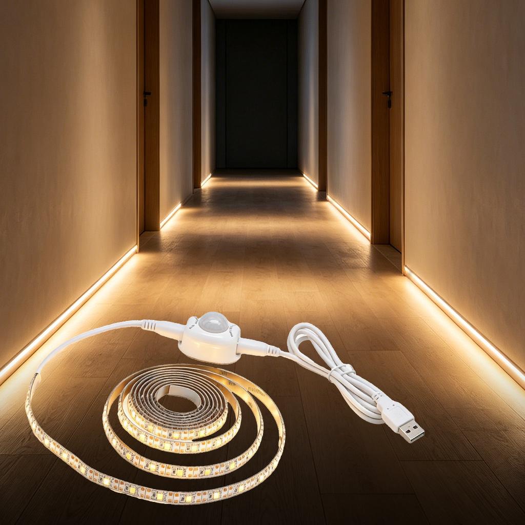 1M/2M/3M Strip Light 5V USB Under Cabinet Lighting PIR Motion Sensor Kitchen Wardrobe Led Tape Warm White Fast Setup Deco Room