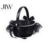 Black Spider Flower Basket Girl with Handle And Bow, Gothic Satin Festive Theme Candy Holder Lace for Wedding Ceremony, Bridal Party, Halloween