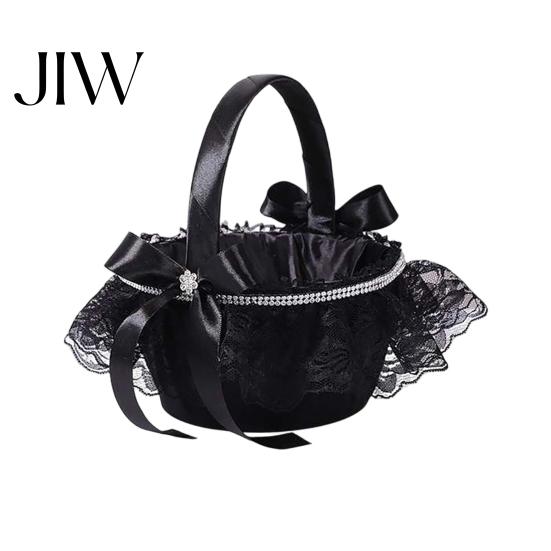 Black Spider Flower Basket Girl with Handle And Bow, Gothic Satin Festive Theme Candy Holder Lace for Wedding Ceremony, Bridal Party, Halloween