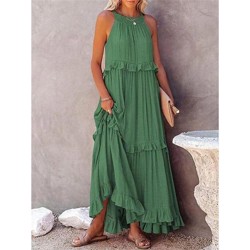 Fashion Elegant Sleeveless Ruffled Maxi Long Dress New O Neck Loose Casual Simple Summer A-line Beach Dresses Female Pleated Solid Color Clothing