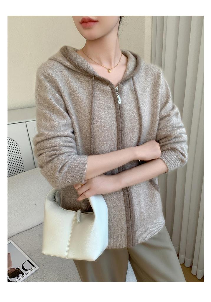 Women's Cashmere Hooded Zipper Cardigan - Autumn/Winter Thick Long Sleeve Sweater Coat